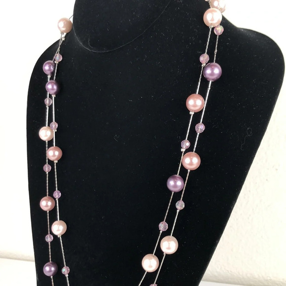 Faux Pearl Rhinestone Necklace Purple & Champagne On Silver Tone Chain - Picture 15 of 16